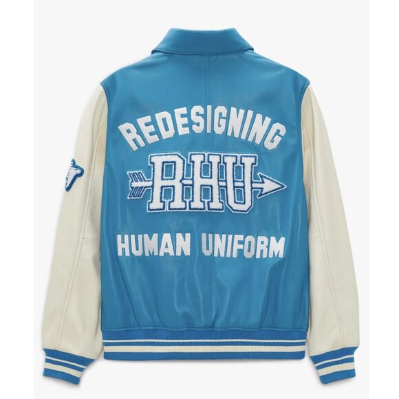 Zara X Rhuigi Leather Varsity Bomber Jacket Blue White NWT - Picture 3 of 13